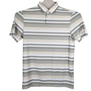 Adidas Golf Polo Shirt Men's M Green Tan White Stripe Short Sleeve "HEAT ROY"